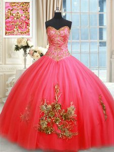 Coral Red Tulle Lace Up Sweet 16 Dresses Sleeveless Floor Length Beading and Appliques and Embroidery