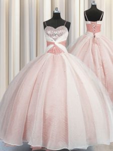 Low Price Pink Lace Up Spaghetti Straps Beading Sweet 16 Dress Organza Sleeveless