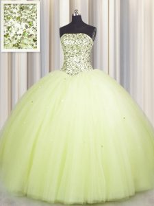 Big Puffy Light Yellow Ball Gowns Beading and Sequins Sweet 16 Dresses Lace Up Tulle Sleeveless Floor Length