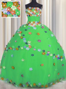 Top Selling Green Quinceanera Gown Military Ball and Sweet 16 and Quinceanera and For with Hand Made Flower Strapless Sl