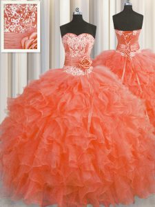 Stunning Handcrafted Flower Red Sweetheart Lace Up Beading and Ruffles and Hand Made Flower Sweet 16 Dress Sleeveless