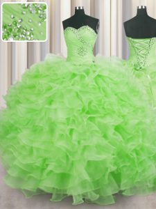 Fabulous Ball Gowns Sweetheart Sleeveless Organza Floor Length Lace Up Beading and Ruffles Quinceanera Dress