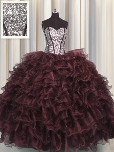 Visible Boning Sleeveless Organza and Sequined Floor Length Lace Up 15th Birthday Dress in Brown with Ruffles and Sequin