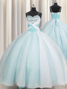 Exceptional Ball Gowns Vestidos de Quinceanera Aqua Blue Spaghetti Straps Organza Sleeveless Floor Length Lace Up