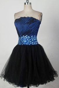Ruching and Beading Organza Girls Prom Dress with Strapless in Blue and Black