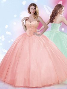 Sweetheart Sleeveless Lace Up Quinceanera Gowns Watermelon Red Tulle