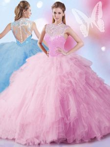 High Class Sleeveless Tulle Floor Length Zipper 15th Birthday Dress in Baby Pink with Beading and Ruffles and Sequins