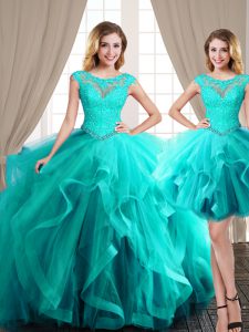 Three Piece Scoop Floor Length Ball Gowns Cap Sleeves Aqua Blue Quinceanera Gown Brush Train Lace Up