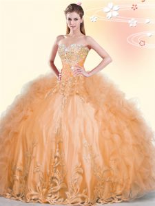 Orange Tulle Lace Up Sweetheart Sleeveless Floor Length Quinceanera Dresses Beading and Appliques and Ruffles