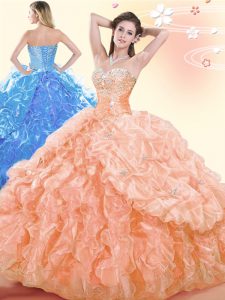 Amazing Orange Ball Gowns Sweetheart Sleeveless Organza Floor Length Lace Up Beading and Ruffles and Pick Ups 15th Birth