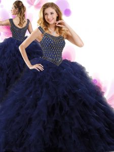 Navy Blue Quinceanera Gown Military Ball and Sweet 16 and Quinceanera and For with Beading and Ruffles Scoop Sleeveless 