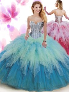 Nice Sleeveless Tulle Floor Length Lace Up Quince Ball Gowns in Multi-color with Beading and Ruffles