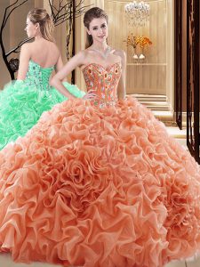 Pretty Pick Ups Sweetheart Sleeveless Lace Up Quinceanera Dress Orange Fabric With Rolling Flowers