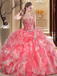 Elegant Watermelon Red Ball Gowns Embroidery and Ruffles Quinceanera Gowns Lace Up Organza Sleeveless Floor Length