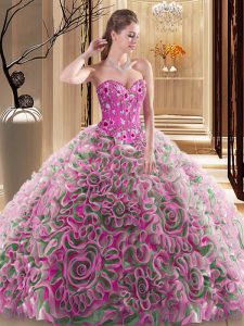 Multi-color Fabric With Rolling Flowers Lace Up Quinceanera Gown Sleeveless With Brush Train Embroidery and Ruffles