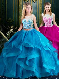 Scoop Baby Blue Sleeveless Brush Train Lace and Ruffles With Train Sweet 16 Quinceanera Dress