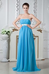 Sexy Aqua Blue Strapless Chiffon Bridesmaid Long Dress with Beaded Waist