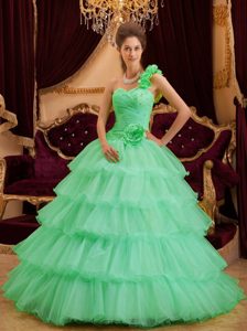 Best Apple Green One Shoulder Quinceaneras Dresses with Ruffles