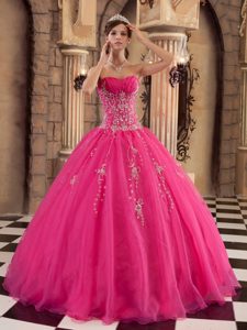 Modest Hot Pink Quinces Dresses in Organza with Beading to Floor-length