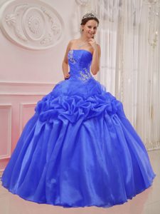 Blue Strapless Organza and Taffeta Dress for Quince with Pick Ups in Organza
