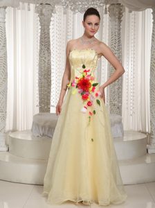 Light Yellow Strapless Long Beaded Prom Evening Dresses with Flowers