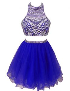 Chiffon High-neck Sleeveless Zipper Beading Prom Evening Gown in Royal Blue
