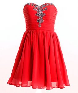 High Quality Red Empire Sweetheart Sleeveless Chiffon Mini Length Lace Up Beading Prom Dresses