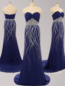 Wonderful Navy Blue Sleeveless Chiffon Brush Train Zipper Prom Dress for Prom
