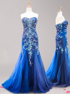 Fancy Brush Train Mermaid Prom Dress Royal Blue Sweetheart Tulle Sleeveless Zipper