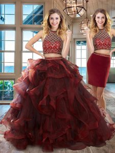 Burgundy Two Pieces Tulle Halter Top Sleeveless Beading and Ruffles Backless Quinceanera Dresses Brush Train