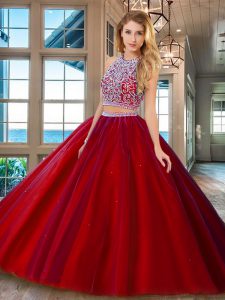 Shining Red Two Pieces Scoop Sleeveless Tulle Backless Beading Sweet 16 Quinceanera Dress