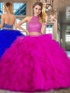 Custom Design Halter Top Sleeveless Tulle Quinceanera Gown Beading and Ruffles Brush Train Backless