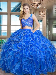 Beauteous Blue Organza Zipper V-neck Sleeveless Asymmetrical Sweet 16 Dress Lace and Ruffles