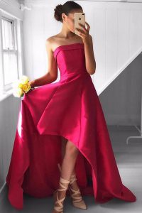Fuchsia A-line Satin Strapless Sleeveless Pleated Asymmetrical Zipper Prom Gown