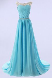 Luxury Scoop Baby Blue Chiffon Zipper Prom Evening Gown Sleeveless With Train Sweep Train Beading