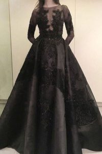 Admirable Satin Bateau Long Sleeves Zipper Beading and Appliques Prom Dress in Black
