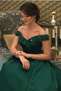 Hot Sale Off The Shoulder Short Sleeves Prom Evening Gown Floor Length Beading Dark Green Satin