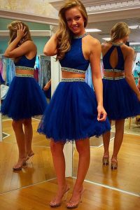 Nice Royal Blue A-line Organza Halter Top Sleeveless Beading and Belt Mini Length Zipper Prom Dresses