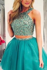 Excellent Scoop Turquoise Zipper Dress for Prom Beading Sleeveless Knee Length