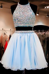 Custom Fit Halter Top Beading Prom Gown Light Blue Backless Sleeveless Mini Length