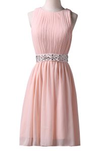 Modern Pink A-line Scoop Sleeveless Chiffon Knee Length Lace Up Beading Evening Dress