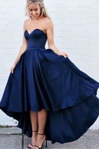 Comfortable Pleated Evening Dress Navy Blue Zipper Sleeveless High Low