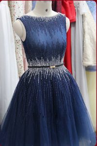 Extravagant Navy Blue A-line Scoop Sleeveless Tulle Knee Length Zipper Beading Dress for Prom