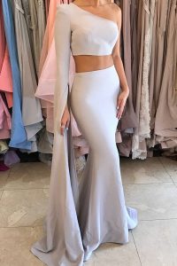 Suitable Silver Mermaid One Shoulder Long Sleeves Elastic Woven Satin Floor Length Side Zipper Ruching Prom Gown