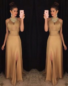 Scoop Gold Sleeveless Floor Length Beading Zipper Dress for Prom
