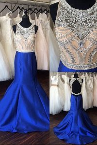 Amazing Mermaid Scoop Royal Blue Sleeveless Satin Sweep Train Backless Prom Evening Gown for Prom
