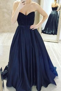 Sweetheart Sleeveless Prom Party Dress Sweep Train Belt Navy Blue Satin