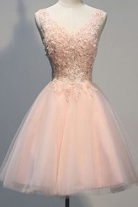 Sleeveless Knee Length Appliques Zipper Prom Dresses with Peach