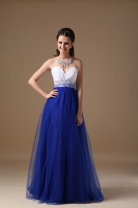 White and Royal Blue Sweetheart Pretty Proms Dresses with Beaded Sash