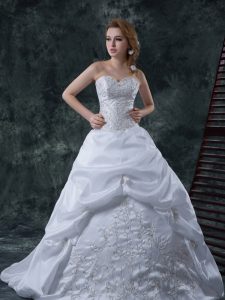 White Column/Sheath Taffeta Sweetheart Sleeveless Beading and Embroidery With Train Lace Up Wedding Gown Brush Train